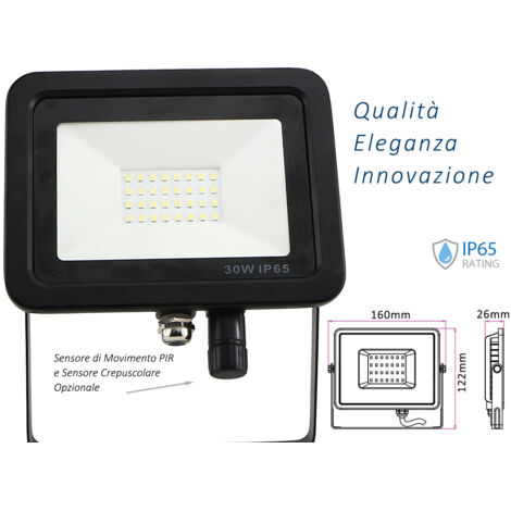 Faro Led Flood Light Slim 30W IP65 Bianco Neutro Carcassa Nera Sensore PIR Opzionale CL1918