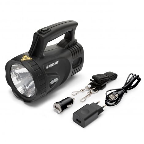 Faro led portatile 3W, 170 lm, portata 250 metri, ricaricabile con adattatore 220V, 12V e cavo USB - Velamp IR554LED.012S