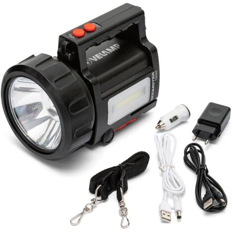 Faro led portatile Doomster, 10W, 735 lm, portata 1000 metri, 2 lanterne laterali, powerbank, con adattatore 220V e da auto - Velamp IR666-10W