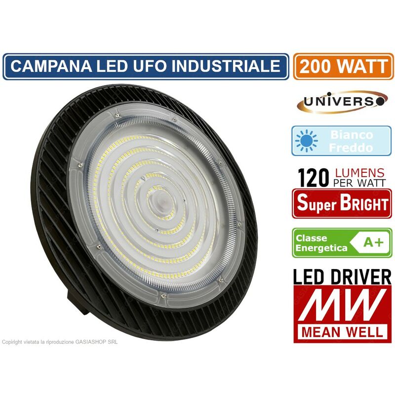 Image of Campana led ufo lampada industriale 200W da esterno led driver meanwell IP65 24000 lumen