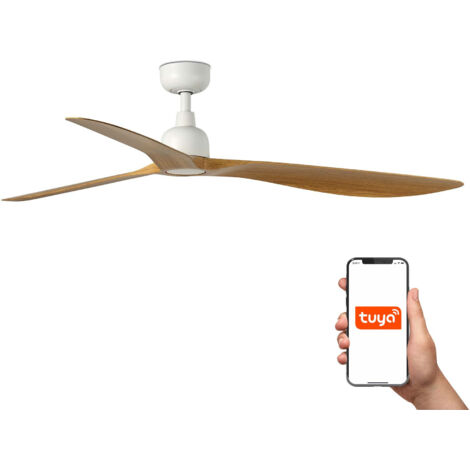 Faro Outwood Ventilador de techo grande de 3 aspas, blanco mate, madera de roble, sistema inteligente Tuya