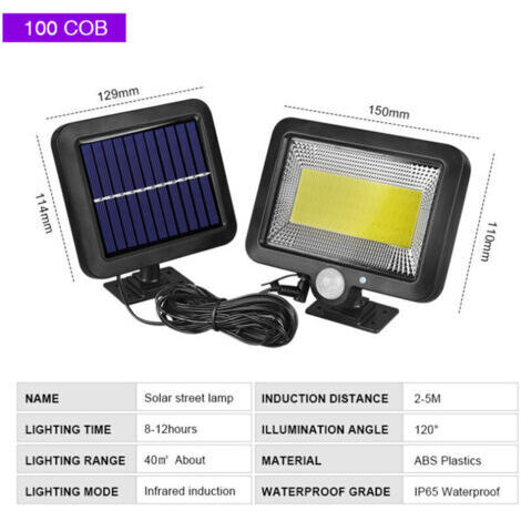 Faro solare da esterno con rilevatore di movimento a infrarossi, faretto LED da esterno BR-Vie 100COB con rilevatore, illuminazione di sicurezza, impermeabile IP65, per giardino, magazzino, ingresso [