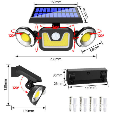 Faro solare da esterno ultra potente con 83 LED e sensore di movimento, impermeabile IP65.