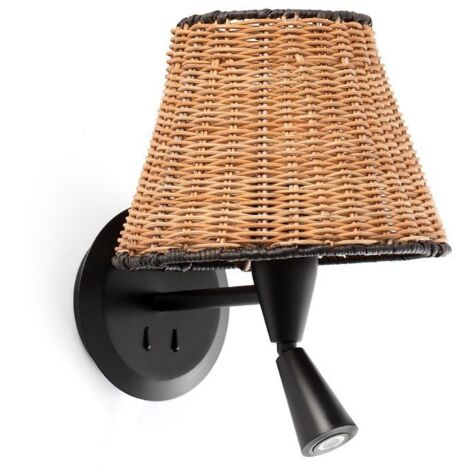 Faro SUMBA Schwarze Wandlampe mit Rattanschirm und Leselicht 3000K
