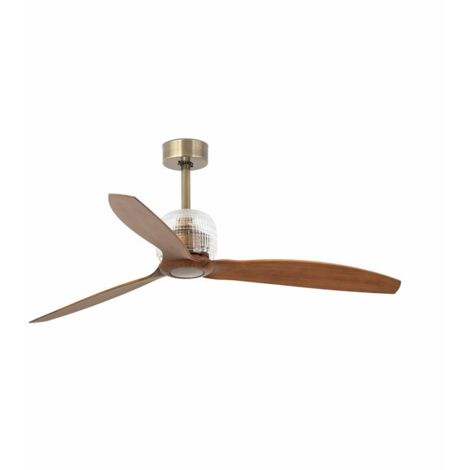 FARO Ventilador de techo sin luz motor DC silencioso 6 velocidades función inversa acero en latón satinado y marrón palas de madera Deco Fan Ottone