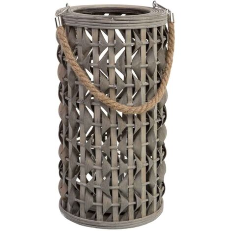 Farol bambú y madera con recipiente de cristal para vela D18x34h cm