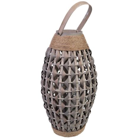 Farol bambú y madera con recipiente de cristal para vela D21x38h cm