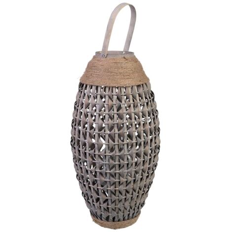 Farol bambú y madera con recipiente de cristal para vela D29x55h cm