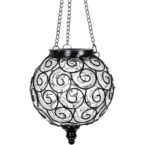Farol colgante solar para jardín, redondo de vidrio y metal, 15 luces LED con forma de hoja de fuego, 18 x 50 cm, transparente