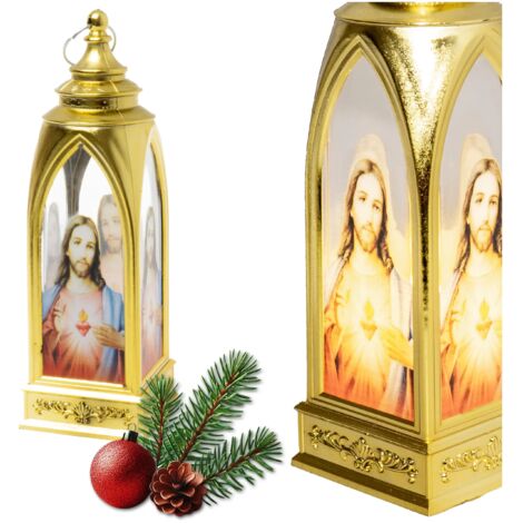 Farol de Adviento LED para oraciones de los niños - farol dorado con el Corazón de Jesús 19 cm