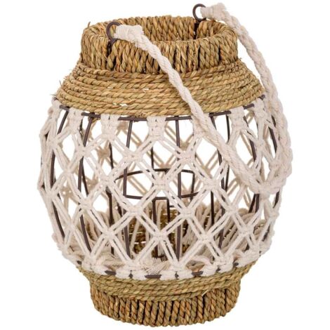 Farol de algodón trenzado y fbira natural marrón 15x24x28