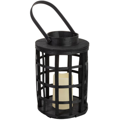 Farol de bambú y madera con vela a pilas D18,5x27/39,5h cm