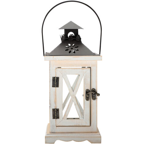 Farol decorativo vintage de metal y madera para patio, terraza o eventos, con portavelas, dimensiones: 28 x 12,5 x 12,5 cm
