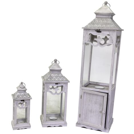 Farol madera metal 1-3 blanqueado con puerta cuadrada cm32x32h118