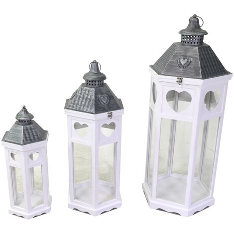 Farol madera metal blanco plata hexagonal 1-3 cm41x35,5h98