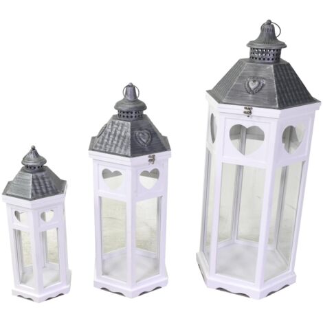Farol madera metal blanco plata hexagonal 1-3 cm41x35,5h98