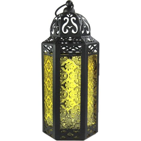 Farol marroquí para velas, portavelas decorativo para mesa o colgante, decoración de Ramadán, decoración de interiores, patio o porche, bodas, mediano, amarillo