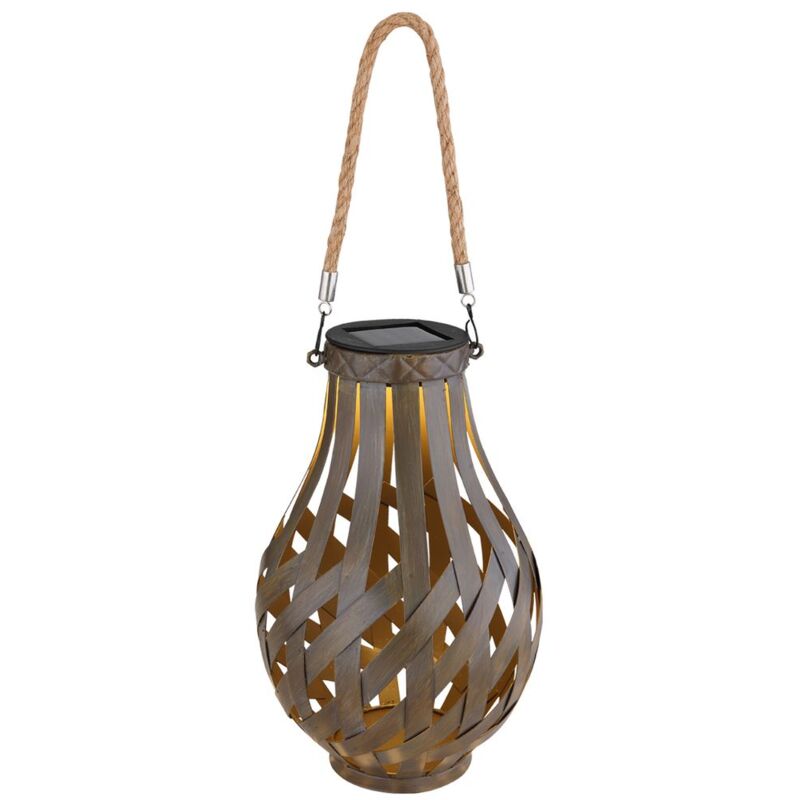 

Farol para decoración de jardín farol solar con malla de bambú para colgar o de pie, LED blanco cálido, Pr.27x17.5 cm, terraza jardín
