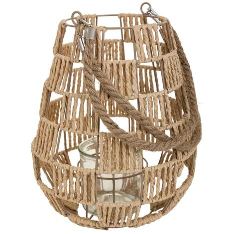 Farol portavelas de metal y cuerda de papel marrón d25x30