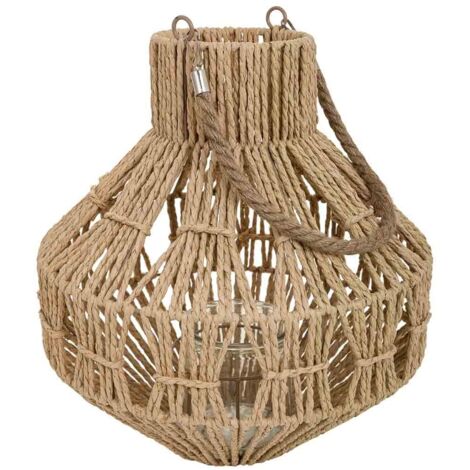 Farol portavelas de metal y cuerda de papel marrón d32x34,5