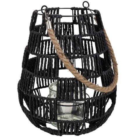 Farol portavelas de metal y cuerda de papel negro d25x30