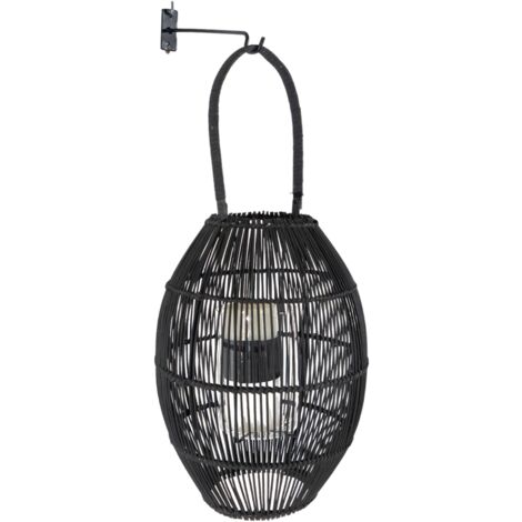 Farol Rattan Negro C/Sop Pared Metal 844