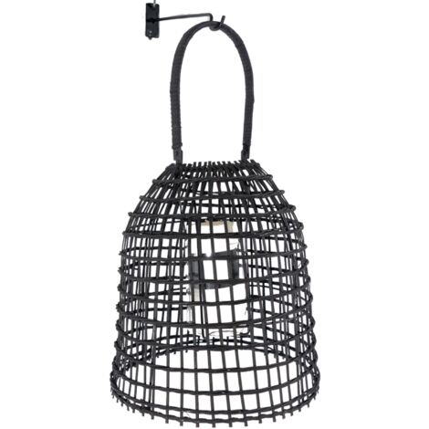 Farol Rattan Negro C/Sop Pared Metal 846
