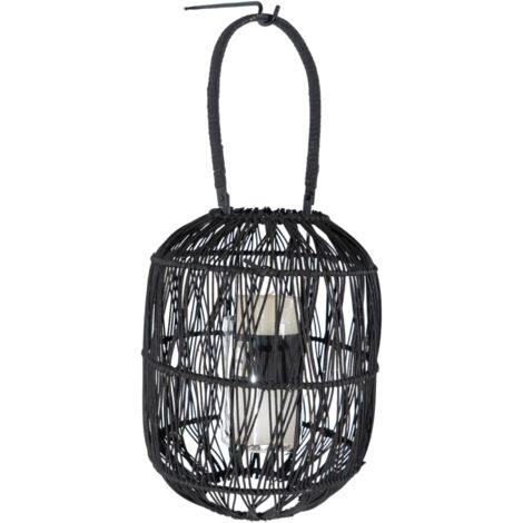 Farol Rattan Negro C/Sop Pared Metal 849