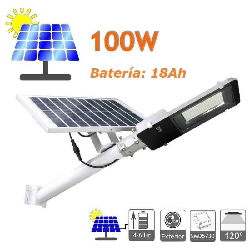 

Farola LED 100W Solar Exterior IP65 Panel Orientable 120 LEDS 1950 Lúmenes 6500K Blanco Frío Batería Ion-Litio - Jandei