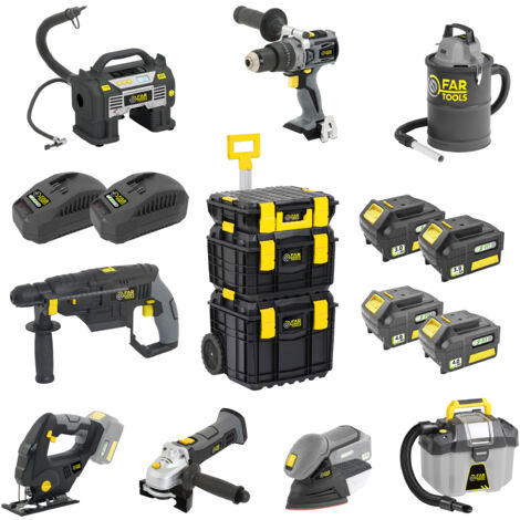 Fartools – Pack de 8 outils électroportatifs 18V avec 2 batteries 4.0Ah – Chargeur rapide et 3 caisses de transport – Pour chantiers humides