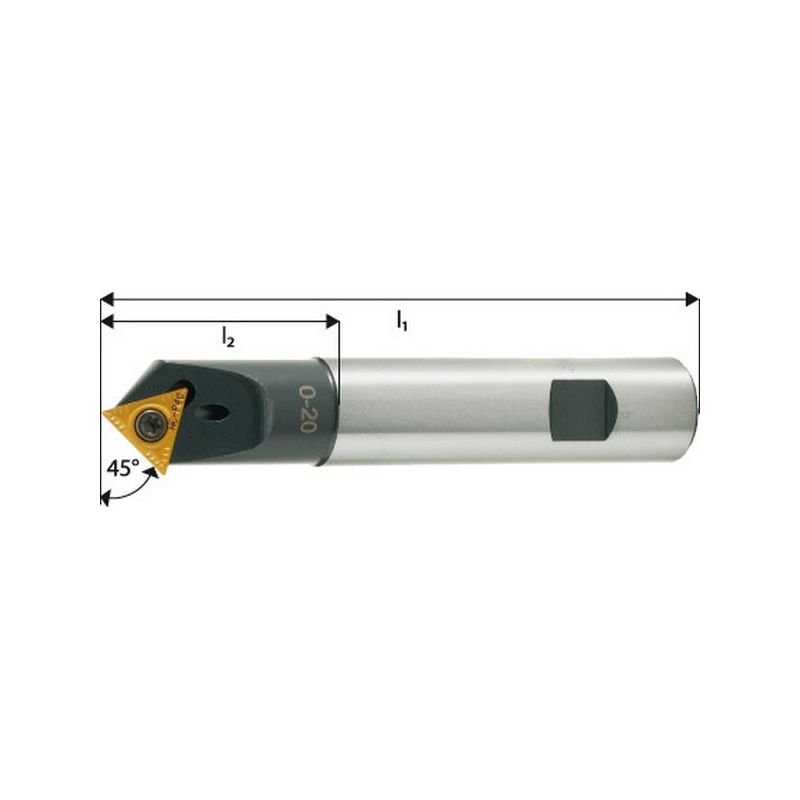 

Fresa de chafláner y de centrar 45° de regar central, Ø min./máx. : 0-20 mm, número de dientes 1, Ø de mango 20 mm, dimensiones l1 : 115 mm