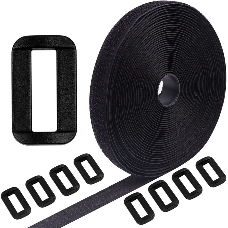 Fascette fermacavi regolabili da 5 m x 5 cm con 15 anelli, fascette fermacavi riutilizzabili nere, cinghia di gestione dei cavi con gancio e anello,