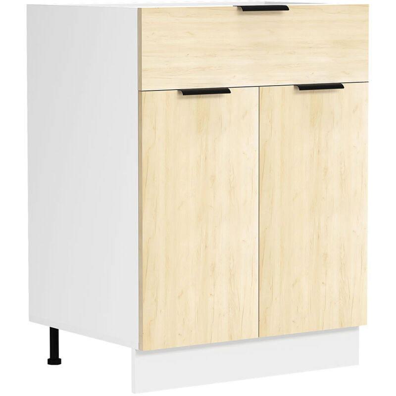 Fasola meuble bas de cuisine 60 cm 2 portes, 1 tiroir décor chêne, blanc.