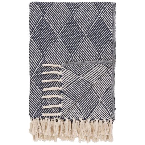 FATHIA - Plaid 130x180cm Bleu et Beige à Motifs Losanges