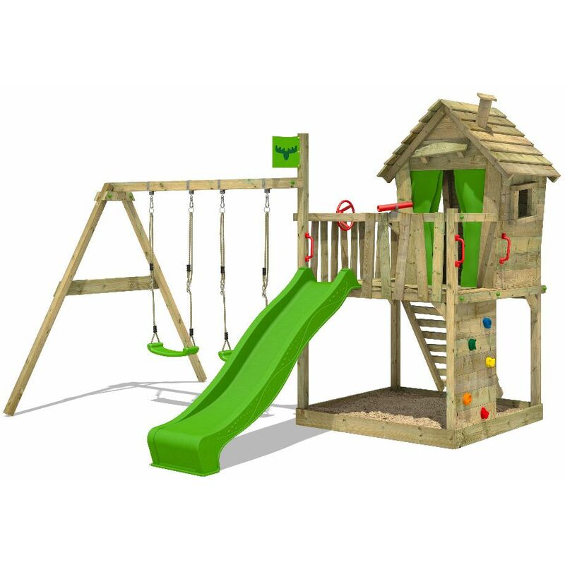 Aire de jeux Portique bois DonkeyDome avec balançoire et toboggan vert pomme Maison enfant exterieur avec bac à sable, échelle d'escalade &