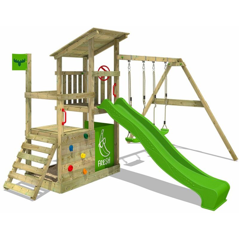 Aire de jeux Portique bois FruityForest avec balançoire et toboggan vert pomme Maison enfant exterieur avec bac à sable, échelle d'escalade &