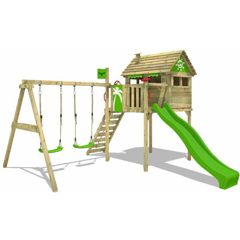 Aire de jeux Portique bois FunFactory avec balançoire et toboggan vert pomme Maison enfant sur pilotis avec échelle d'escalade & accessoires de jeux
