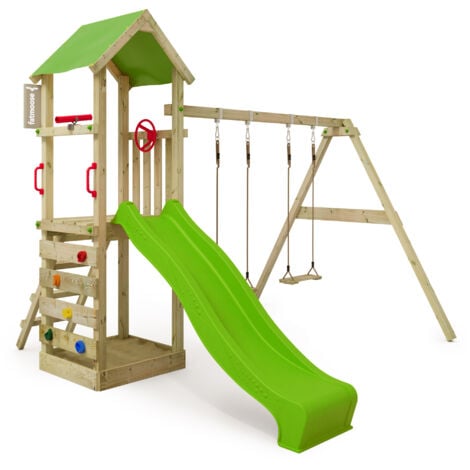 Fatmoose Aire de jeux KiwiKey avec balançoire & toboggan, tour à grimper avec bac à sable, échelle & accessoires de jeu - vert pomme