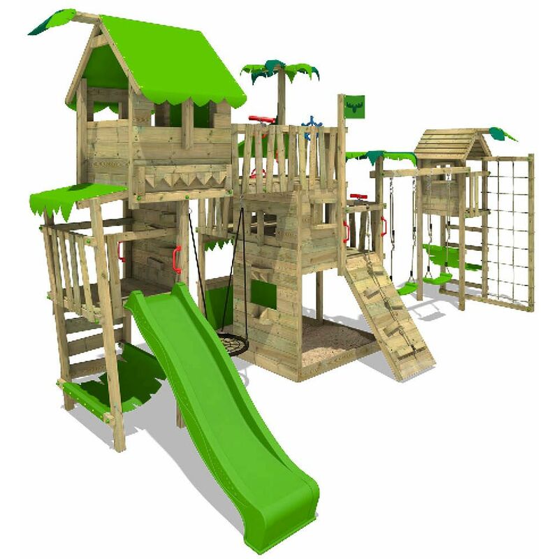 Fatmoose - Aire de jeux Portique bois PacificPearl avec balançoire TowerSwing et toboggan vert pomme Maison enfant exterieur avec bac à sable,