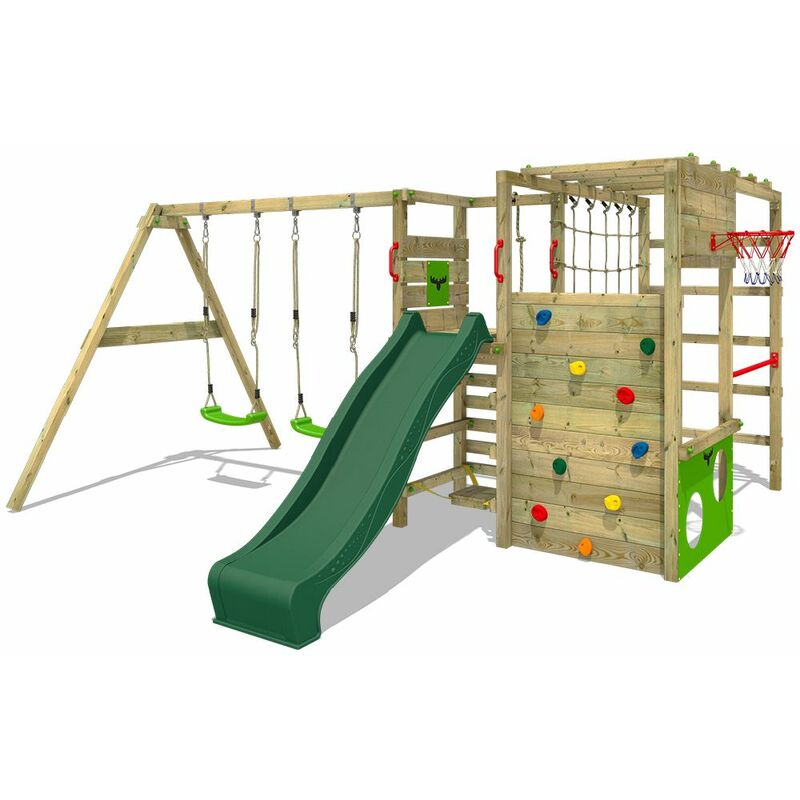 Fatmoose - Aire de jeux Portique bois ActionArena avec balançoire et toboggan vert Échafaudage grimpant avec mur d'escalade & accessoires de jeux