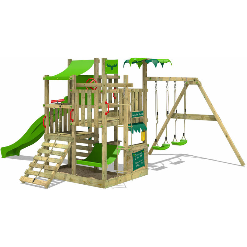 Fatmoose - Aire de jeux Portique bois BananaBeach avec balançoire et toboggan vert pomme Échafaudage grimpant avec bac à sable