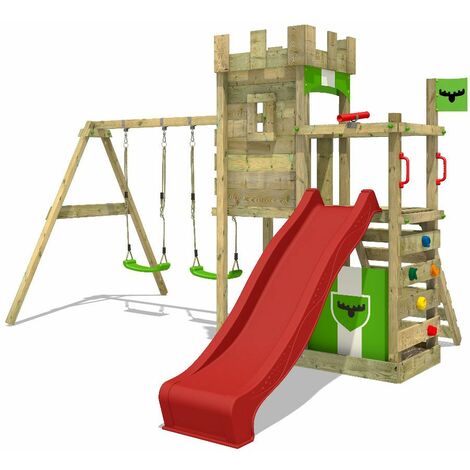 FATMOOSE Aire de jeux Portique bois BoldBaron avec balançoire et toboggan  Maison enfant exterieur avec bac à sable, échelle d'escalade & accessoires de jeux