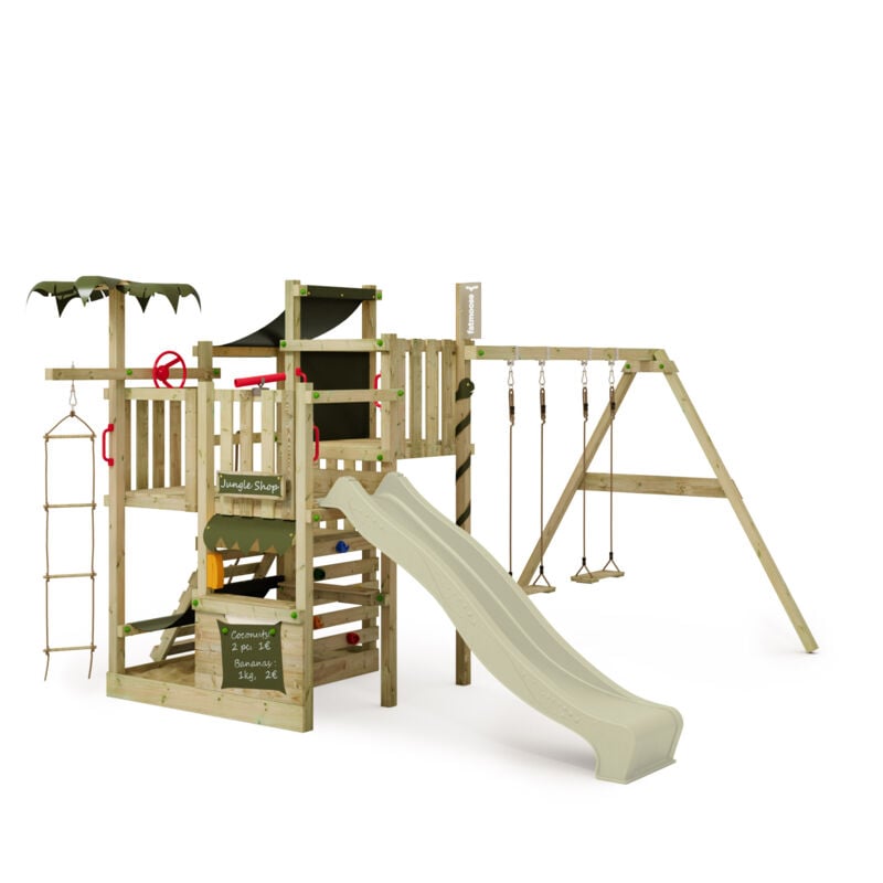 FATMOOSE Tour de jeux CrazyCoconut Club XXL avec balançoire, Bac à sable et toboggan – vert sauge