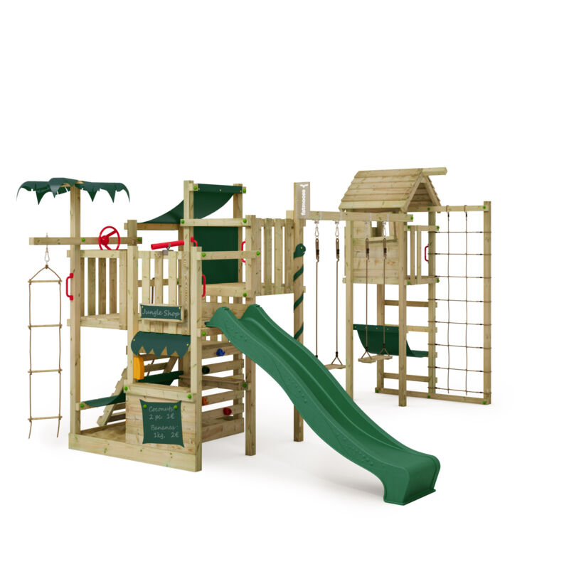 FATMOOSE Tour de jeux CrazyCoconut Club XXL avec extension de tour, Bac à sable et toboggan – vert