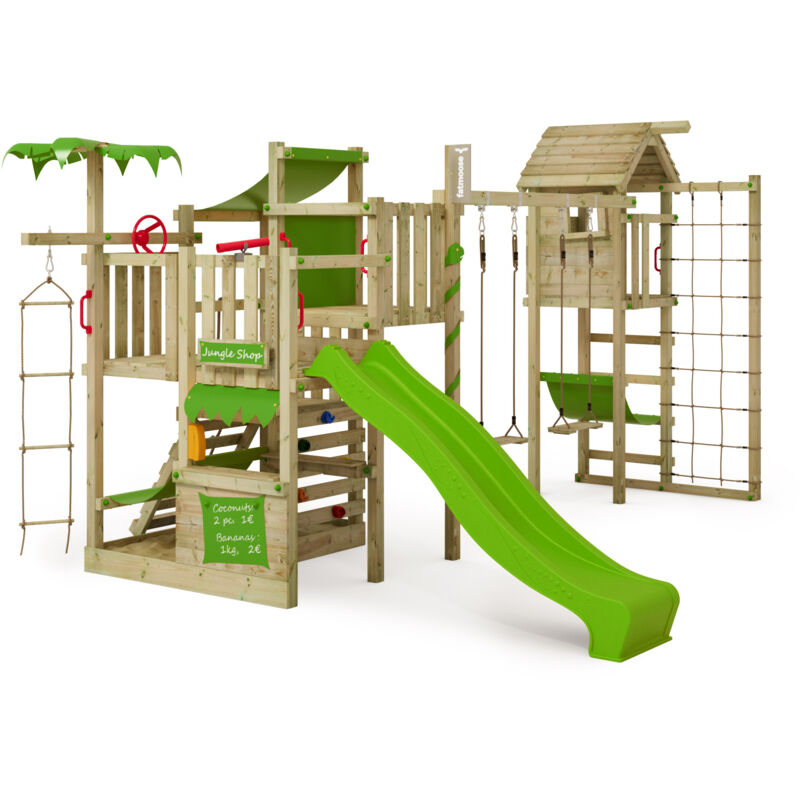 FATMOOSE Tour de jeux CrazyCoconut Club XXL avec extension de tour, Bac à sable et toboggan – vert pomme
