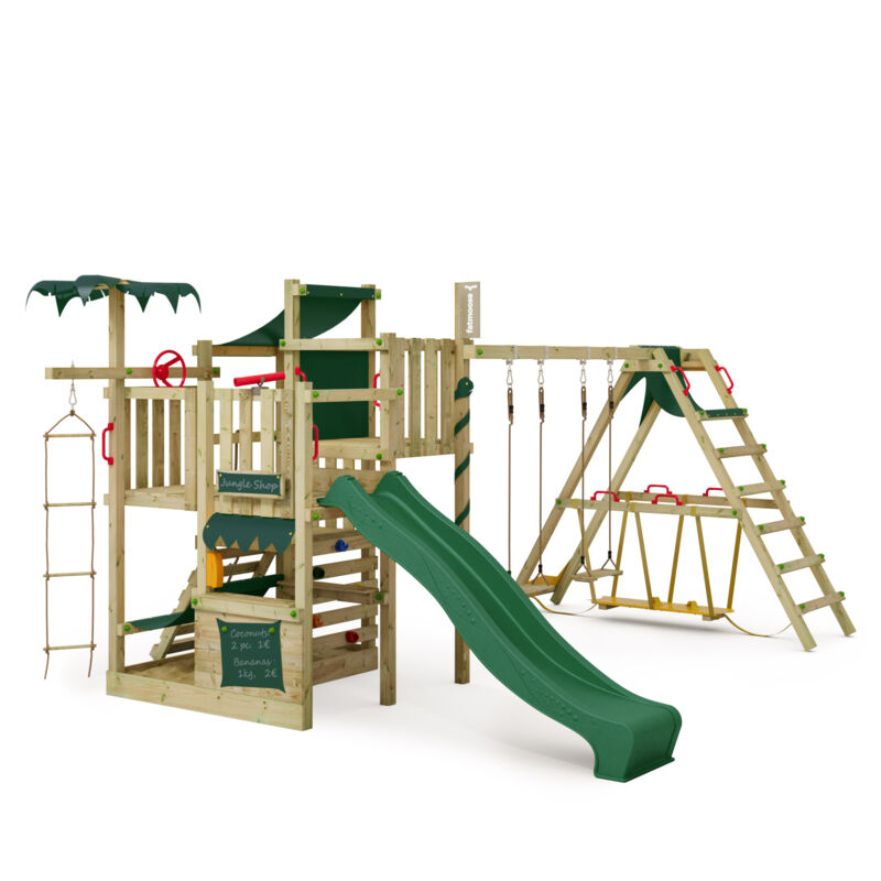 Fatmoose - Tour de jeux CrazyCoconut Club xxl avec SurfSwing, Bac à sable et toboggan – vert