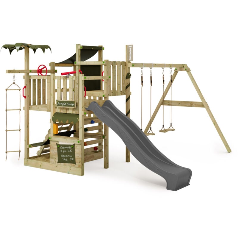 Fatmoose - Tour de jeux CrazyCoconut Club xxl avec balançoire, Bac à sable et toboggan – anthracite