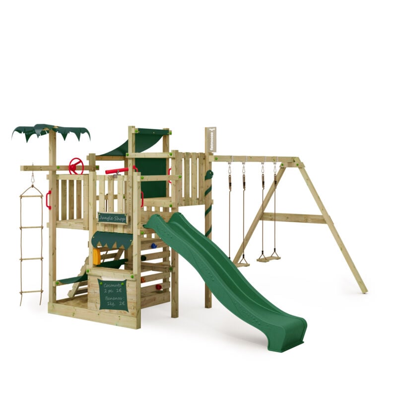 Fatmoose - Tour de jeux CrazyCoconut Club xxl avec balançoire, Bac à sable et toboggan – vert