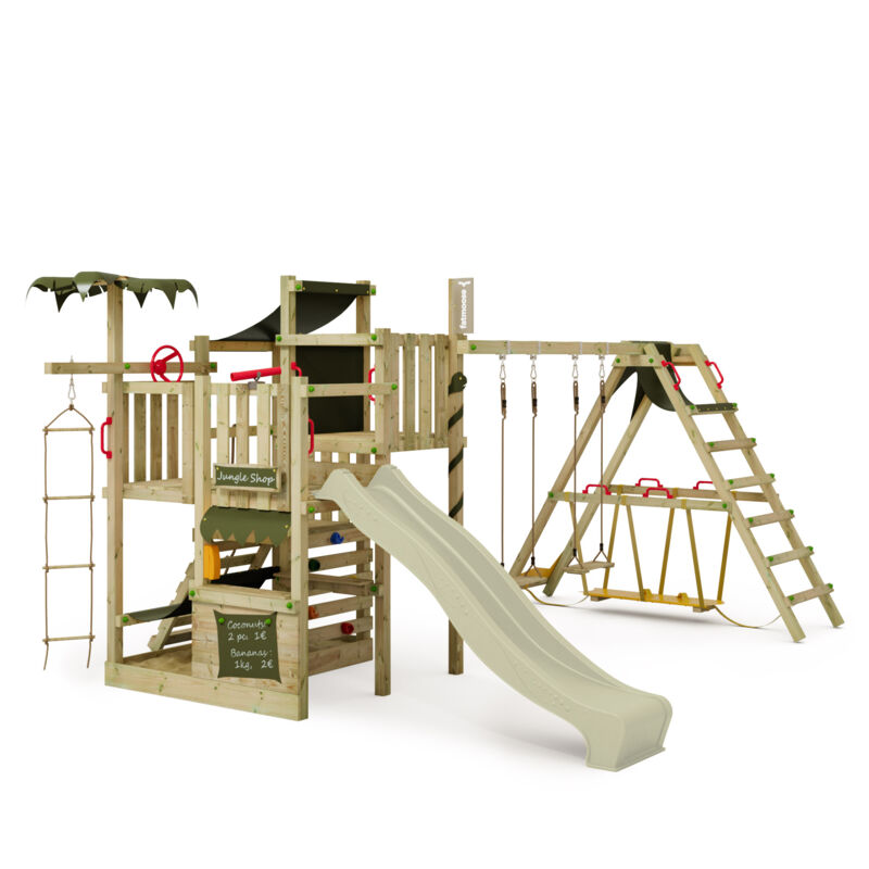 Fatmoose - Tour de jeux CrazyCoconut Club xxl avec SurfSwing, Bac à sable et toboggan – vert sauge