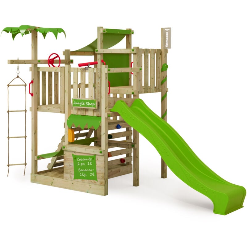 Fatmoose - Tour de jeux CrazyCoconut Club xxl avec mur d'escalade, Bac à sable et toboggan – vert pomme